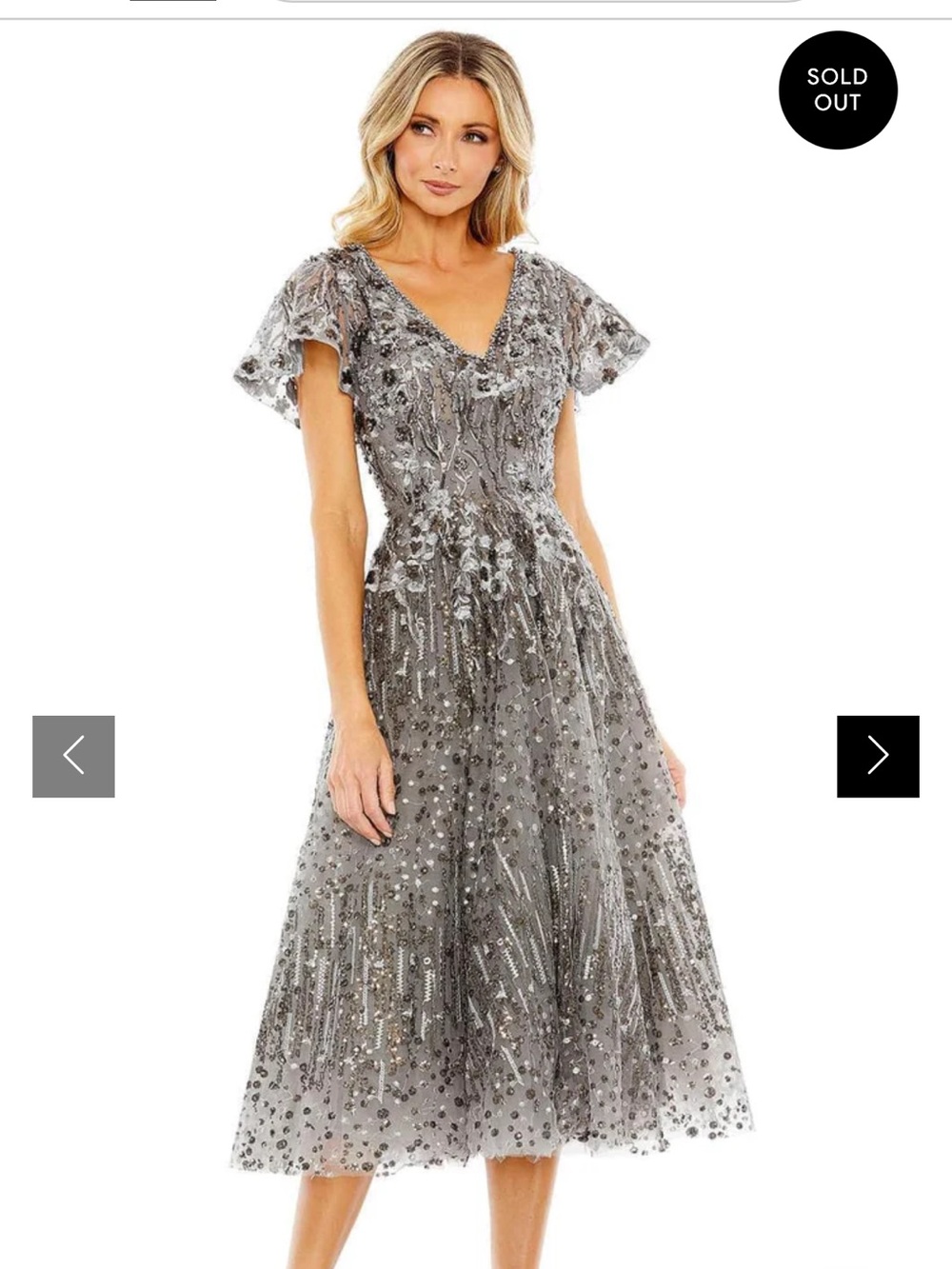 Mac Duggal Silver Embellished V‑Neck Midi Dress